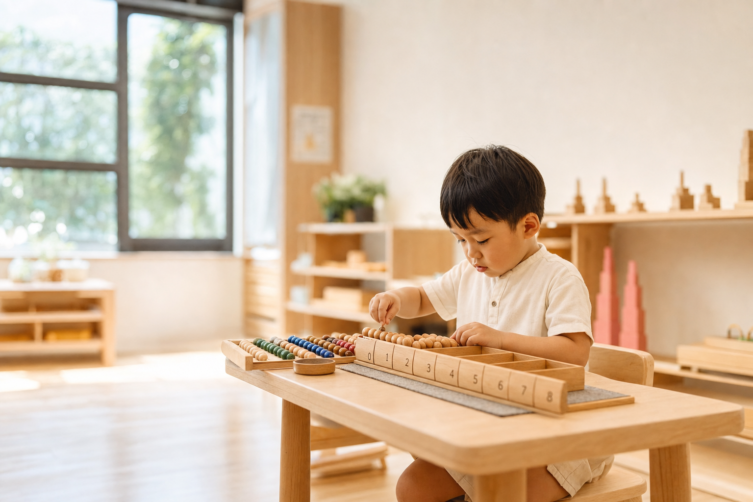 A child absorbed in Montessori work at Raffles Montessori Kindergarten
