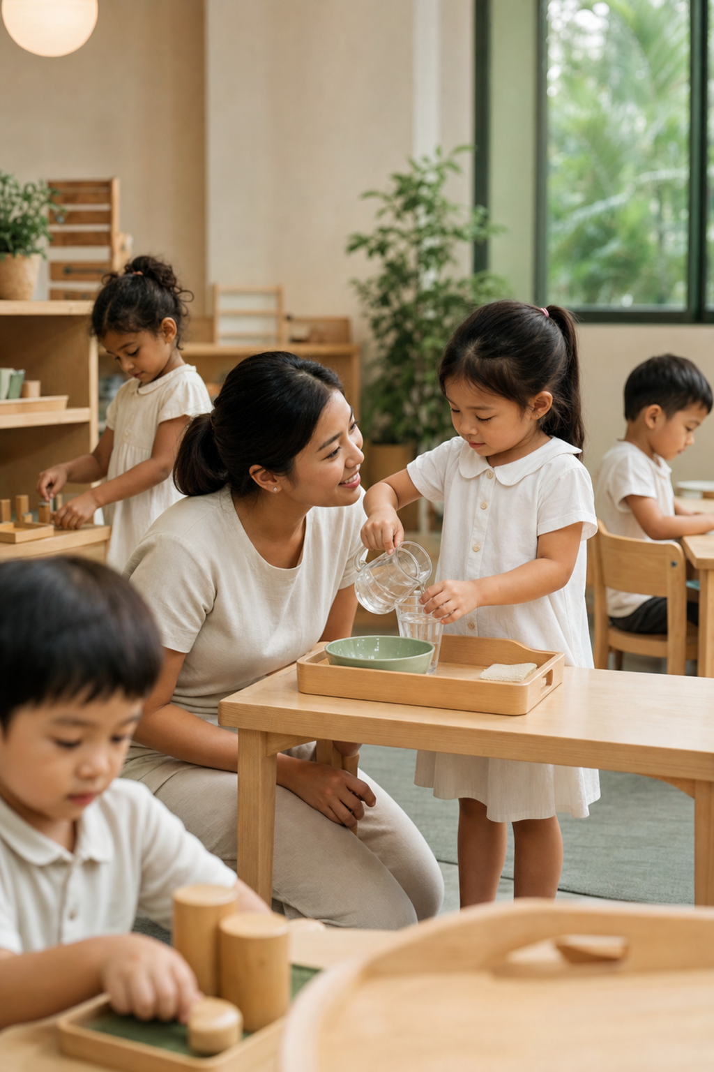 A teacher guiding a child at Raffles Montessori